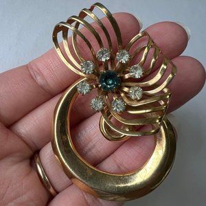 Vintage Gold Tone MCM Blue Rhinestone Floral Estate Costume Brooch Pin